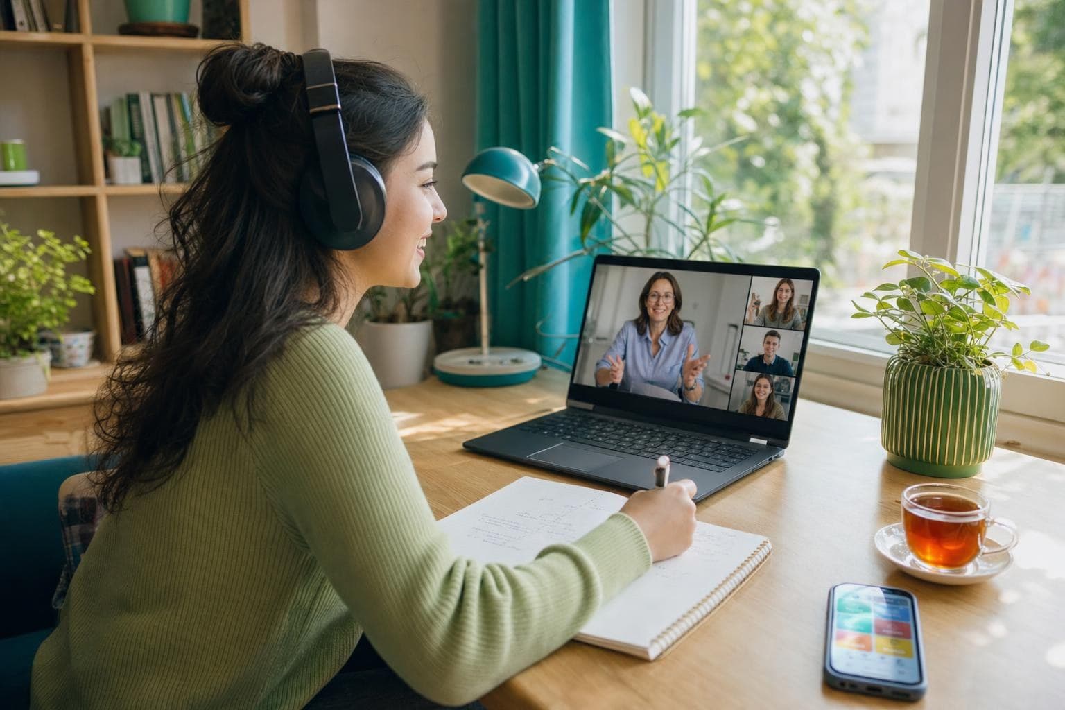 Junge Frau im Online-Deutschunterricht am Laptop zu Hause