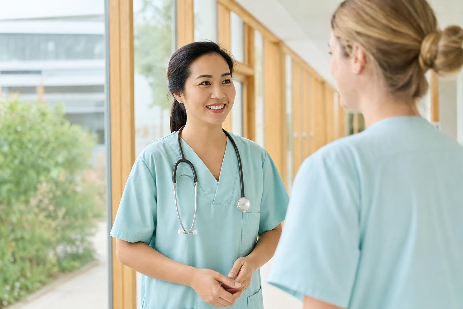 Lächelnde Pflegekraft in einem modernen Krankenhaus in Deutschland
